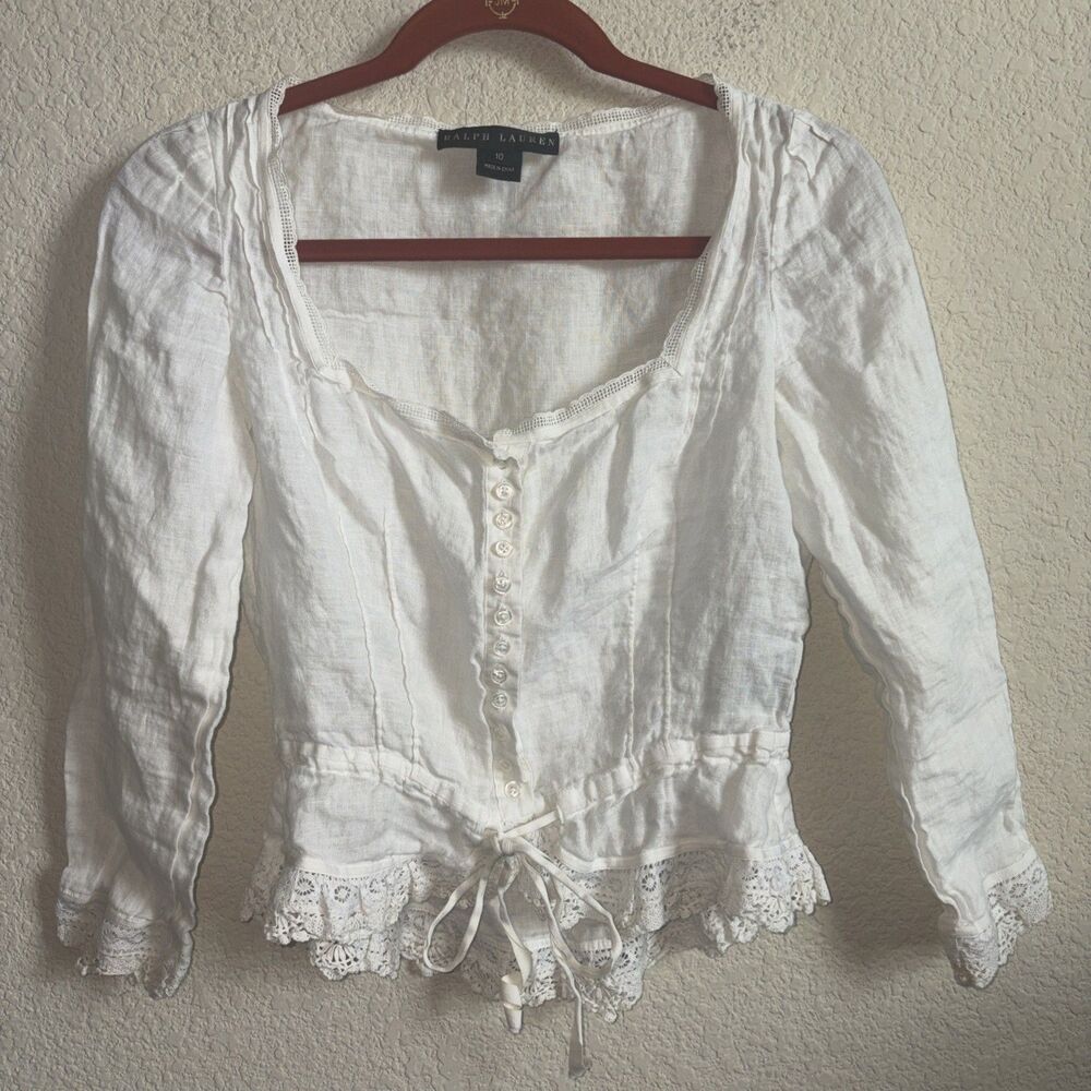 Vintage Ralph Lauren Linen Crop Shirt 10 Peasant Corset Milkmaid Cottage Boho LS